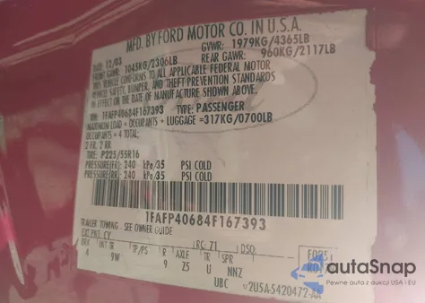 2004 Ford Mustang z USA, uszkodzony, nr VIN 1FAFP40684F167393